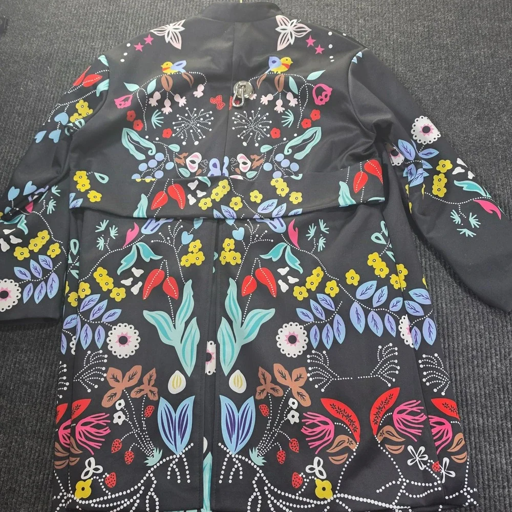 Eva Franco Floral Bird Print Coat Womens Large Black Excellent Lined Back Slit